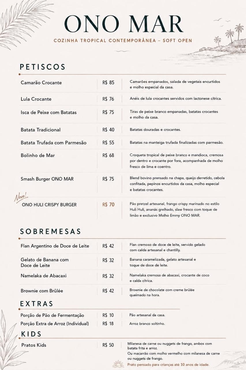 Cardápio Ono Mar — Petiscos, Sobremesas, Extras e Kids